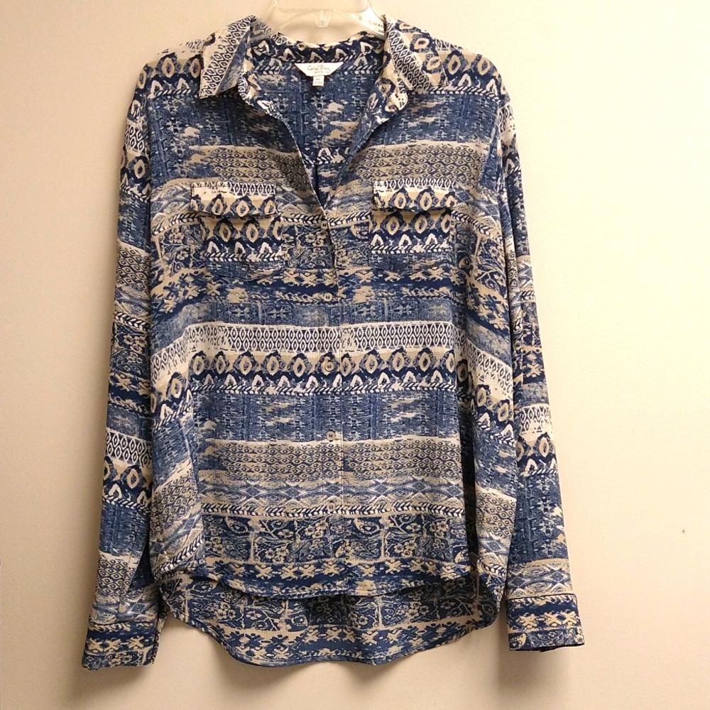 Chiffon collared tribal printed blouse with front chest pockets